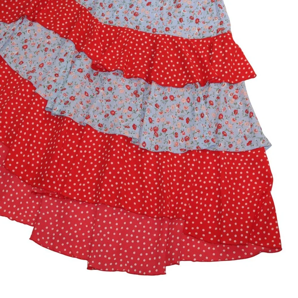 New York & Company Womens Large Red Blue Floral Hi-Lo Hem Ruffled Layers Skirt - Picture 6 of 10
